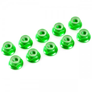 TEAM CORALLY - ALUMINIUM NYLSTOP NUT M3 FLANGED GREEN - 10 PCS C-31121