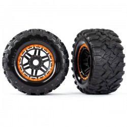 TRAXXAS - MAXX 2.8 ALL-TERRAIN PRE-MOUNTED TIRES (2) BLACK, ORANGE BEADLOCK STYLE WHEELS 8972T