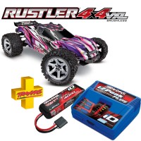 TRAXXAS - COMBO RUSTLER 4x4 ROSE 1/10 VXL BRUSHLESS TSM - AVEC AQ/CH COMBO-67076-4-PINK