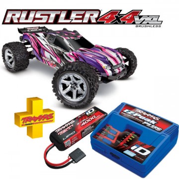 TRAXXAS - COMBO RUSTLER 4x4 PINK 1/10 VXL BRUSHLESS TSM - W BAT/CH COMBO-67076-4-PINK